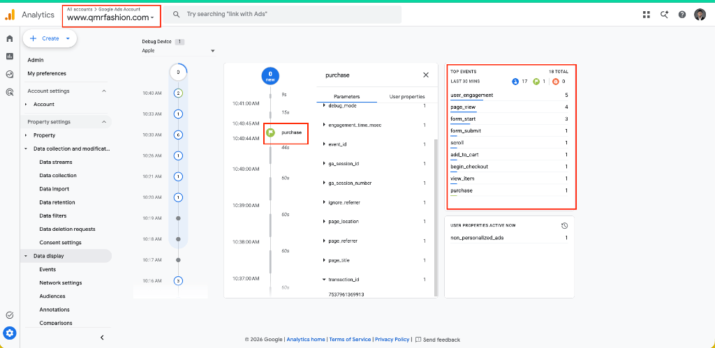 GA4 DebugView showing purchase event parameters