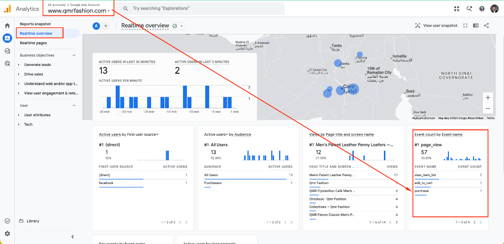 GA4 Realtime overview tracking ecommerce events
