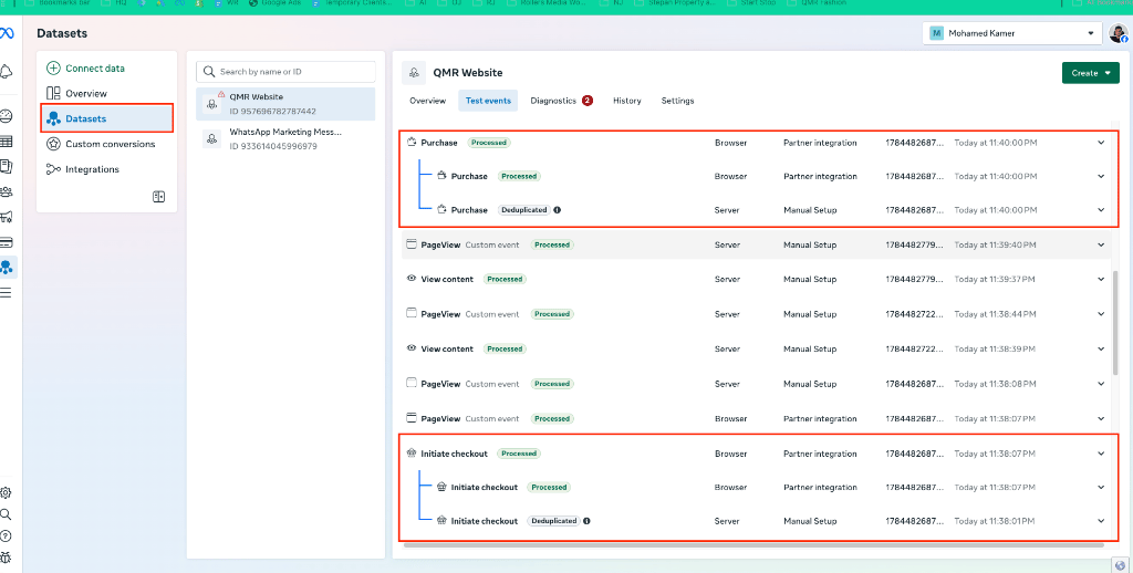 Meta Events Manager showing deduplicated events